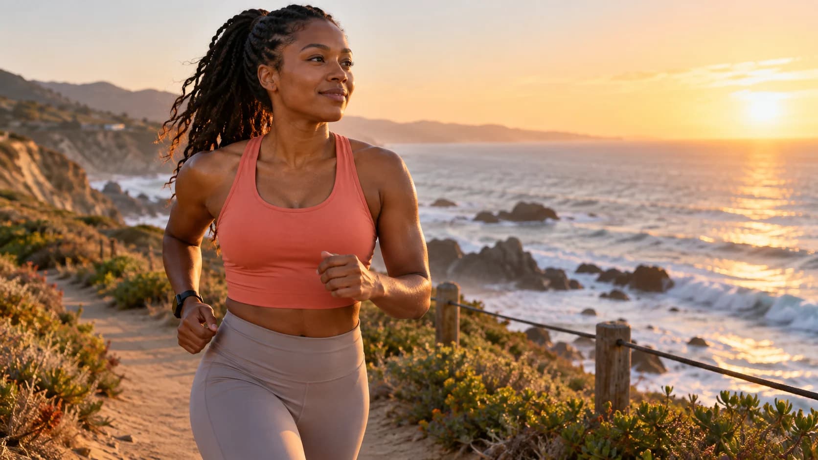 A woman running along a coastal path in warm morning light