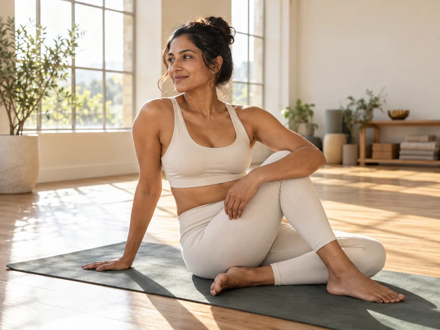 A woman practising yoga in a sunlit studio