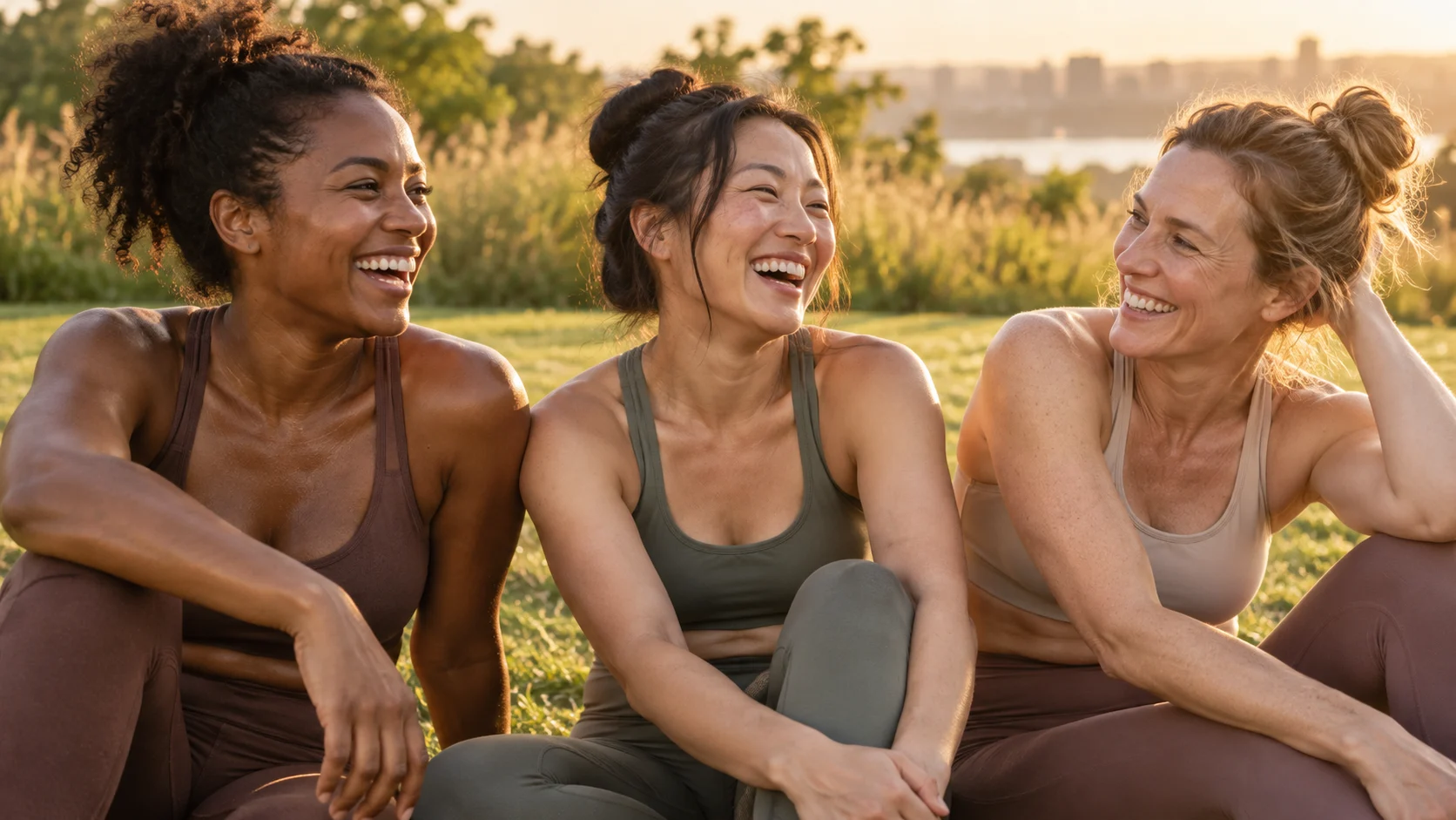 Three friends laughing together after a workout
