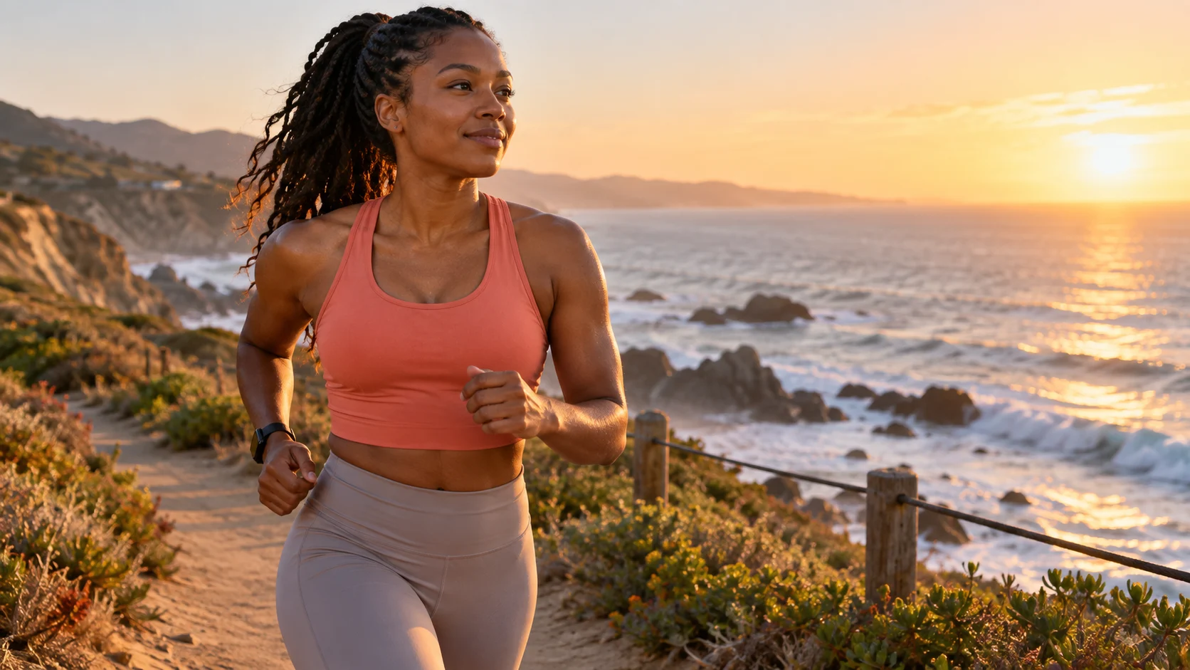 Woman jogging along the coast at sunrise